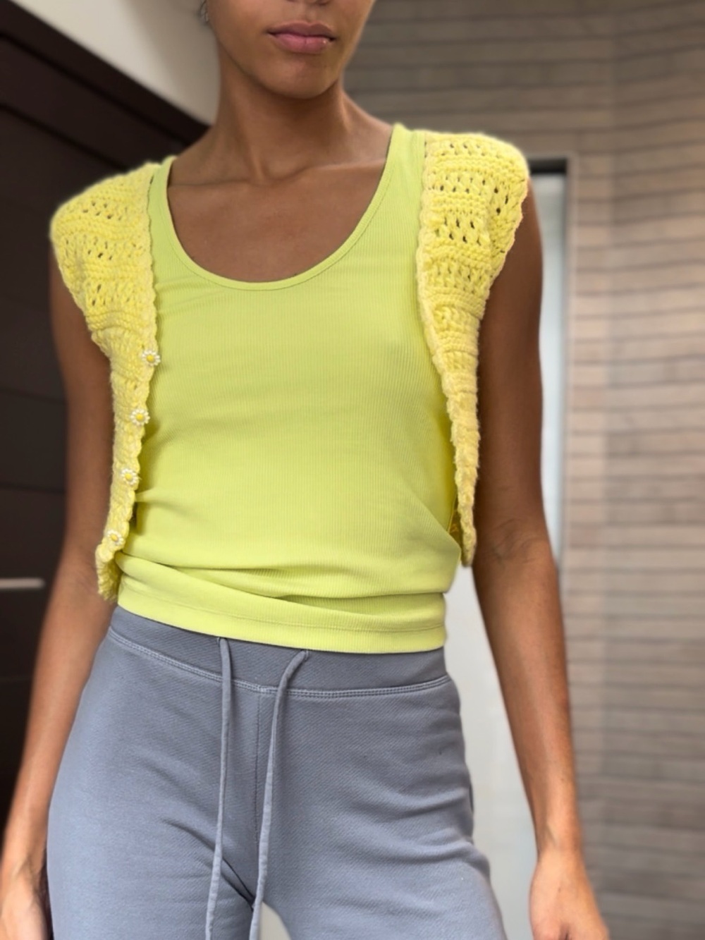 Handmade Yellow Crocheted Vest with Daisy Buttons